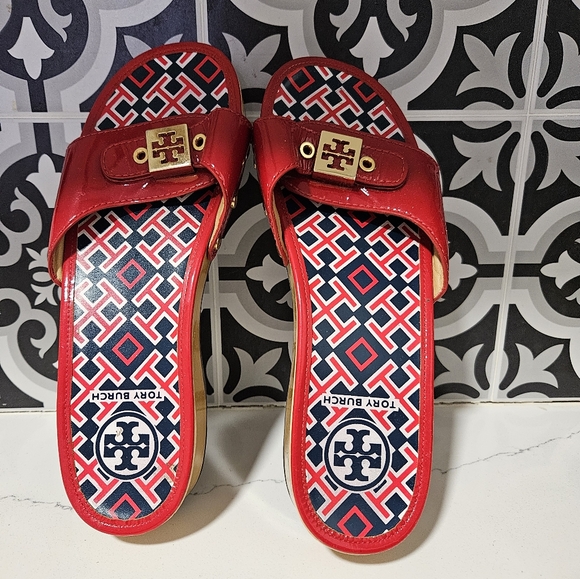 Tory Burch Dixon Patent Leather Wood Slides size 8 Womens Shoes Red Blue clogs - Picture 13 of 16